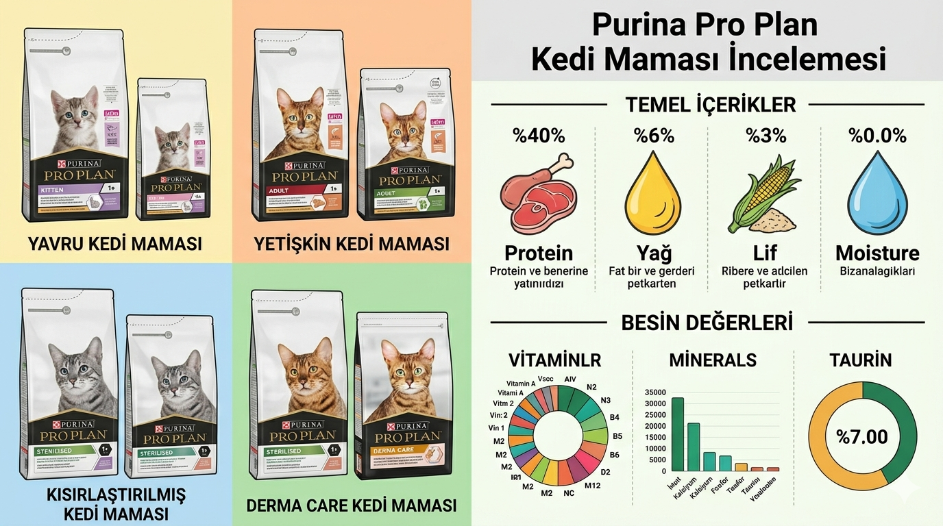 Pro Plan kedi maması içerik analizi ve kuru mama tanecikleri yakın çekim